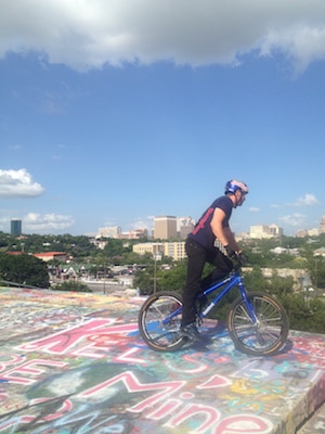 Cyclist Danny MacAskill rides at Austin's Castle Hill Graffiti wall to promote Epecuen.