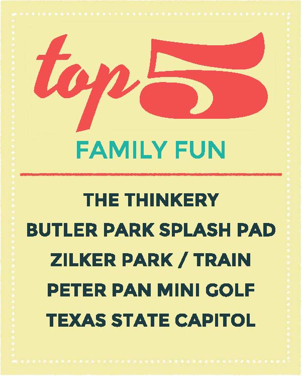 Top Trip Rentals "Top 5" card with activities for families to do in Austin