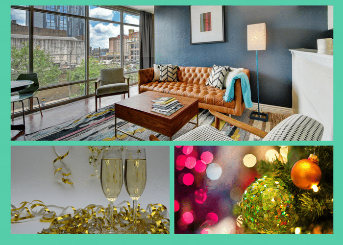 Three photos showing Austin vacation rental home and New Year's Eve and holiday decorations