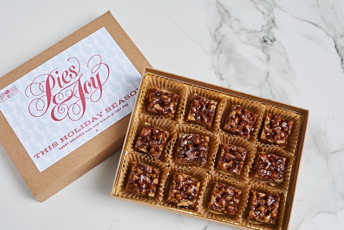 Tiny Pies box of pecan bites packaged for holiday gift giving