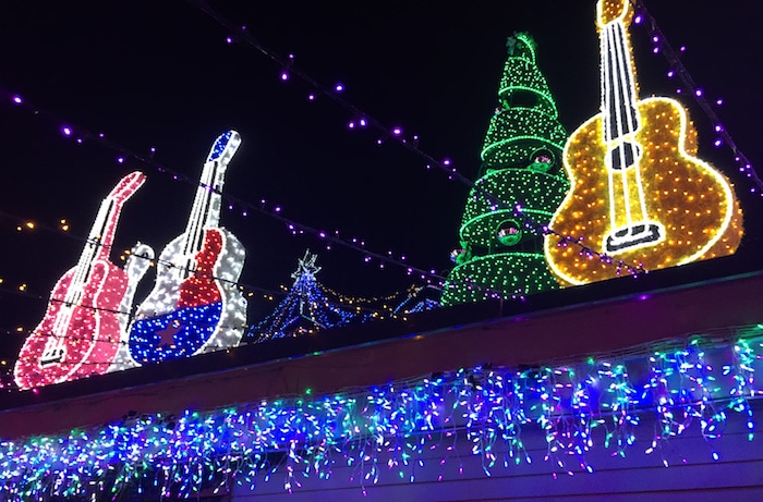 Guitars made out of Christmas lights at Mozart's in Austin